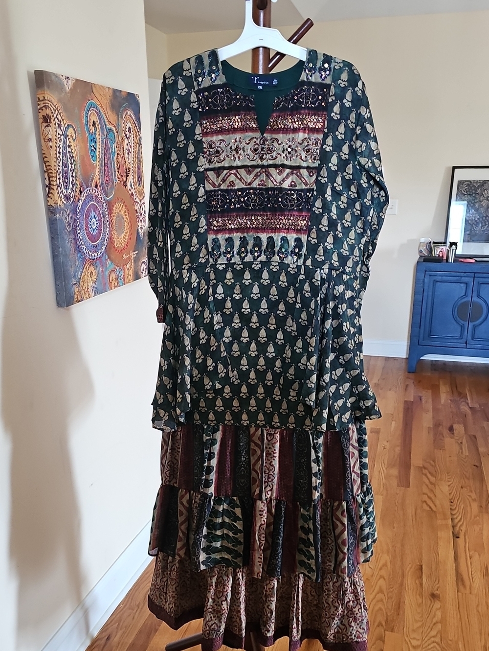 Bohemian Tiered Midi Dress in Dark Green Print